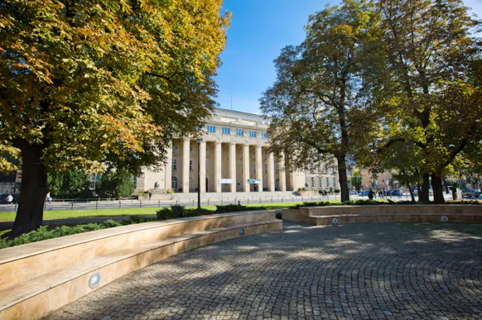 Budynek A Uniwersytetu Ekonomicznego w Poznaniu, z frontu, przed budynkiem widnieją drzewa.