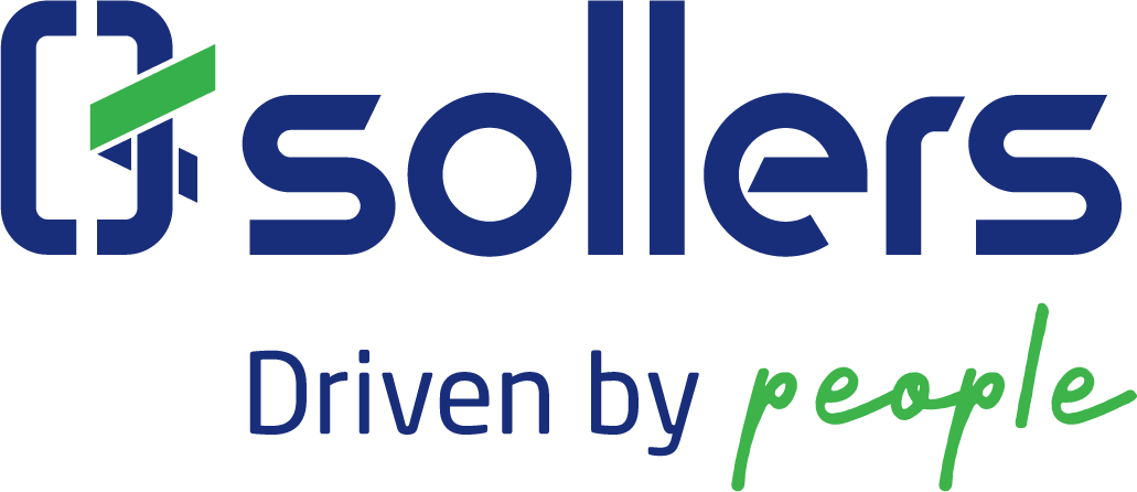 Logo firmy Sollers koloru niebieskiego z napisem - napędzne przez ludzi.