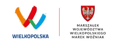 Na lewej stronie znajduje się kolorowe logo Wielkopolski w kształcie litery "W" z napisem "WIELKOPOLSKA" poniżej. Po prawej stronie widnieje herb Marszałka Województwa Wielkopolskiego oraz napis "Marszałek Województwa Wielkopolskiego Marek Woźniak".