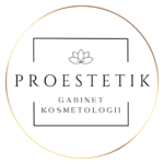 Logo gabinetu kosmetologii "ProEstetik". Logo jest umieszczone wewnątrz okręgu z delikatnym gradientem od jasnożółtego do brązowego. Centralnie znajduje się tekst "PROESTETIK", a poniżej mniejszymi literami napis "GABINET KOSMETOLOGII". Pomiędzy tymi dwoma napisami umieszczony jest prosty, graficzny symbol kwiatu. Całość jest utrzymana w minimalistycznym, eleganckim stylu z przewagą czarnego koloru na białym tle.