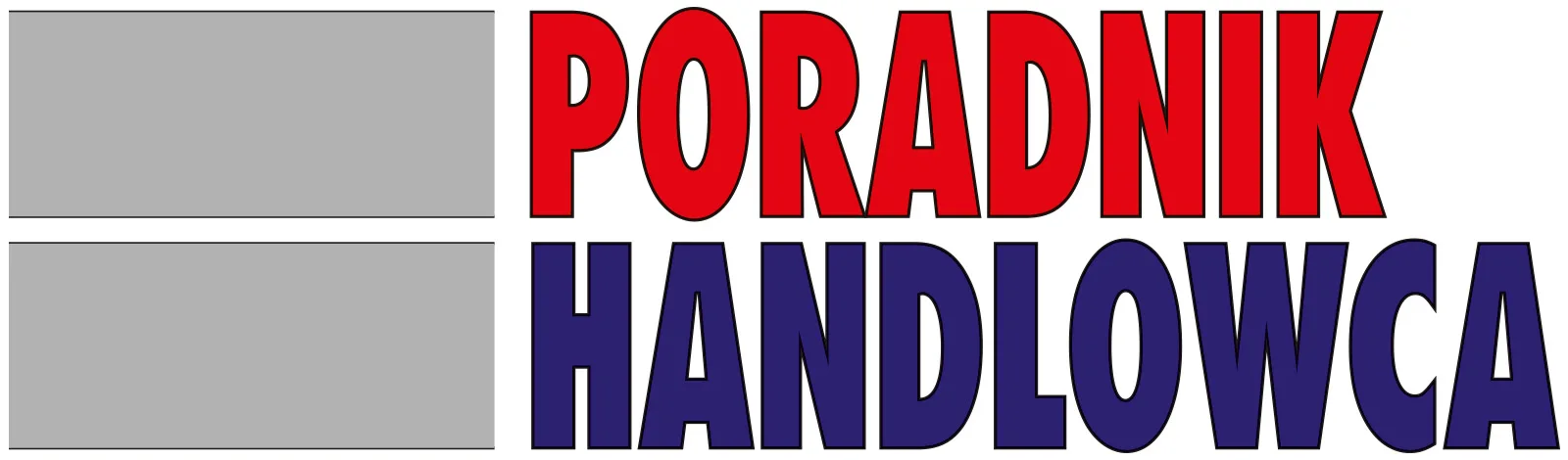 Logo Poradnika Handlowca z Poznania. Logo składa się z dwóch szarych prostokątów umieszczonych jeden nad drugim po lewej stronie. Po prawej stronie, na wysokości górnego prostokąta, znajduje się czerwony, pogrubiony napis "PORADNIK", a na wysokości dolnego prostokąta widnieje granatowy, pogrubiony napis "HANDLOWCA".