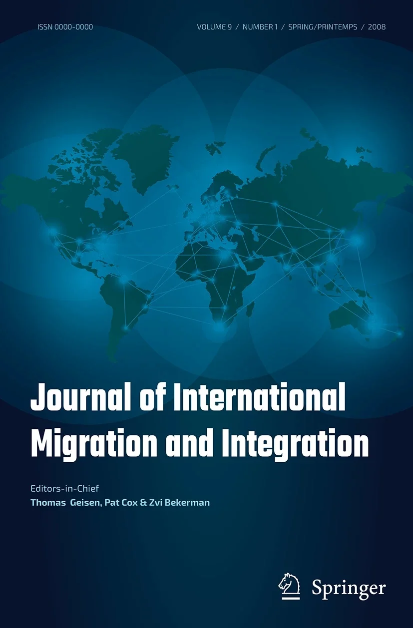 Okładka czasopisma naukowego Journal of International Migration and Integration z mapą świata w tle. Na dole widoczne są nazwiska redaktorów naczelnych: Thomas Geisen, Pat Cox i Zvi Bekerman oraz logo wydawnictwa Springer.