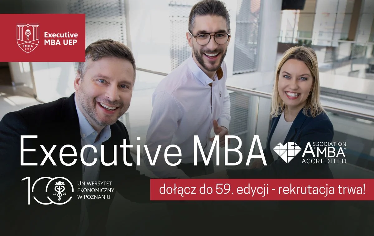 Baner rekrutacyjny ze skrzyżowanymi dłońmi i uśmiechniętym zespołem w tle. Napis główny: Executive MBA – dołącz do 59. edycji - rekrutacja trwa! W tle logo Executive MBA UEP, logo 100-lecia UEP oraz logo akredytacji AMBA Accredited.