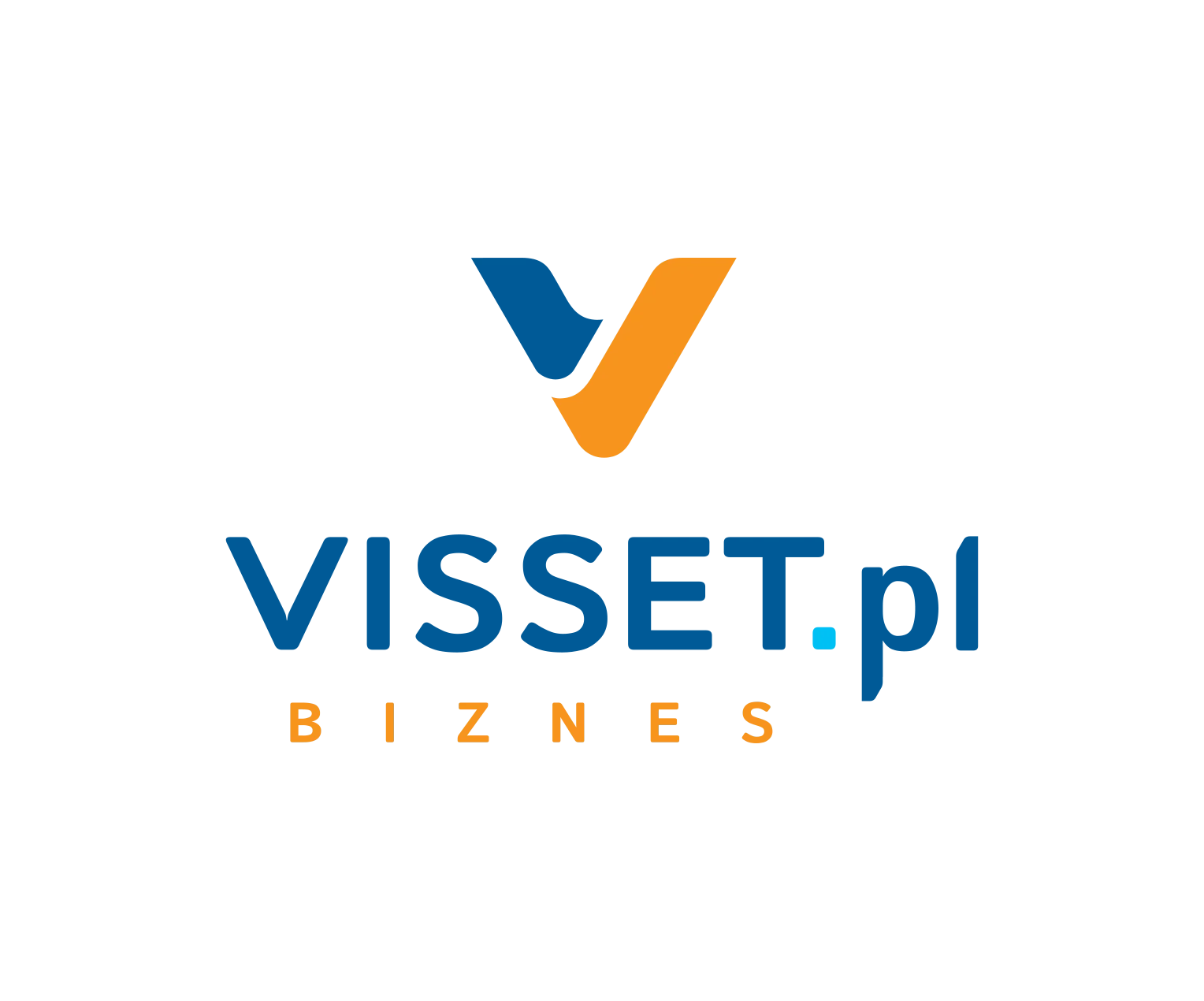 Logo przedstawiające literę "V" złożoną z niebieskiego i pomarańczowego elementu, z niebiesko-pomarańczowym napisem „VISSET.pl BIZNES” poniżej.